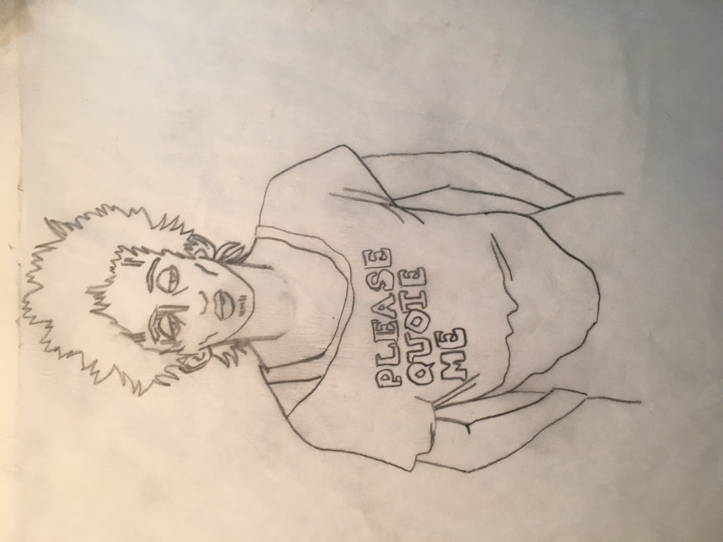 Pencil sketch of Richard Hell wearing a PLEASE QUOTE ME t-shirt, by Nelson Nuñez